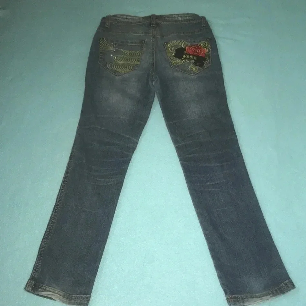 FUBU The Collection distressed bling embroidered jeans boot cut size 10